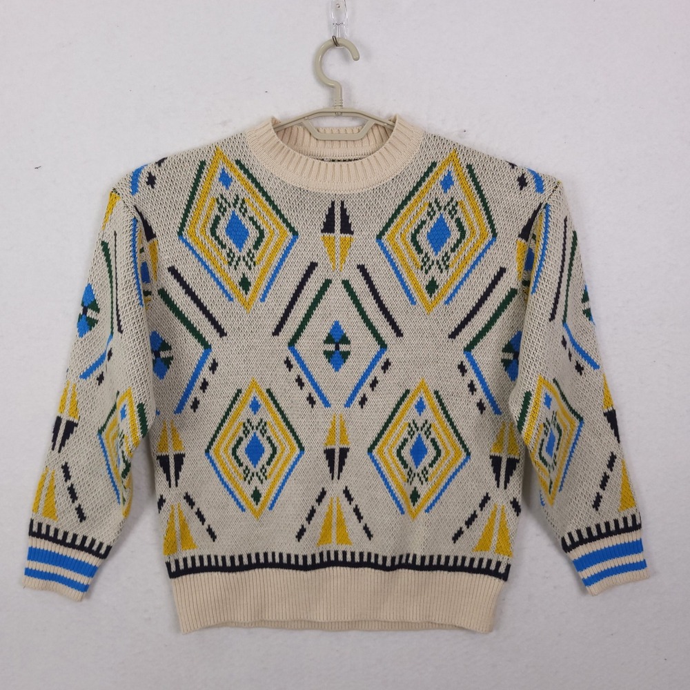 Zara Geometric Diamond Knit Sweater Mens Small Cream Blue Yellow Retro 90s Style